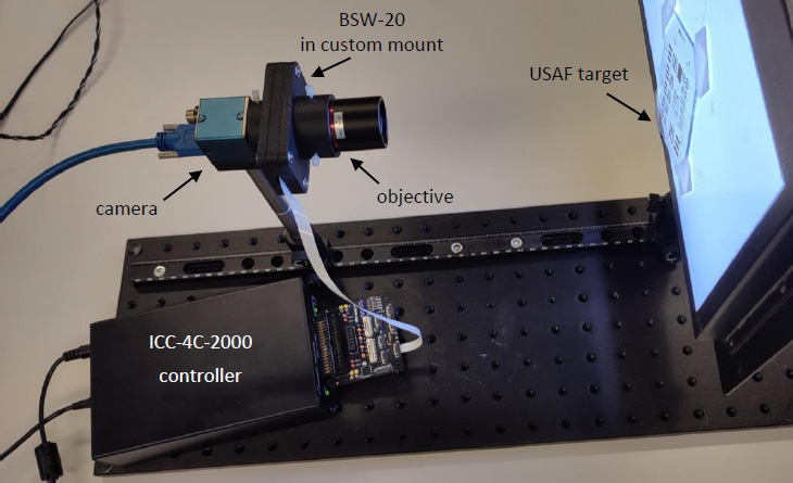 安裝組件，BSW-20 位于相機和物鏡之間。一個USAF目標(biāo)用于顯示分辨率的變化