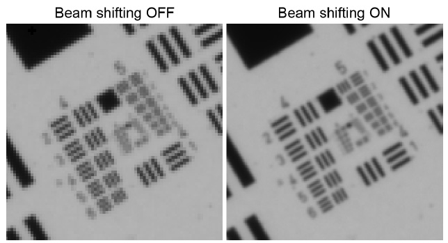 圖 8：（左）USAF目標(biāo)在關(guān)閉 BSW-20 的單色相機上成像。(右圖）開啟 BSW-20 后USAF目標(biāo)成像。橫向分辨率提高了 41%。