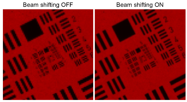 圖 9：（左）在關(guān)閉 BSW-20 的情況下，用彩色相機的紅色通道拍攝的USAF目標(biāo)。(右圖）開啟 BSW-20 后拍攝的USAF目標(biāo)。橫向分辨率提高了 100%。