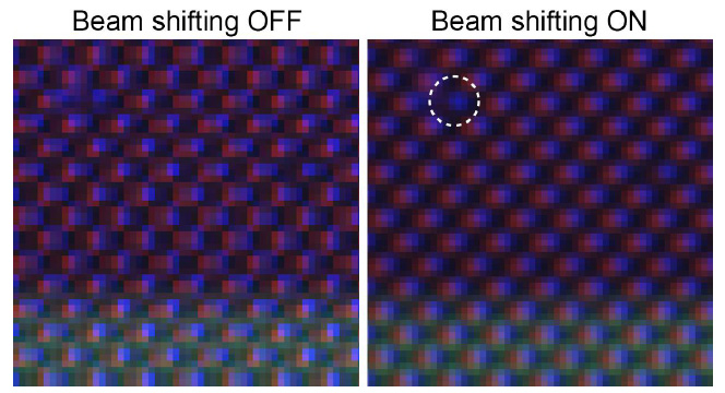 （左）BSW-20 關(guān)閉時的電話顯示圖像。(右圖）開啟 BSW-20 后的手機顯示屏圖像。可以很容易地識別出缺失的像素（白色虛線圓圈標(biāo)識）